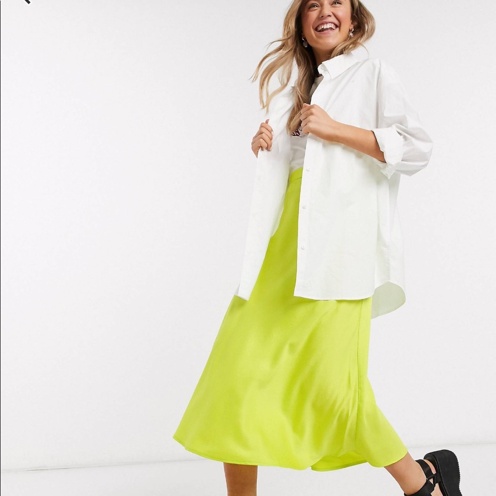 Monki Brisa Satin midi skirt in lime green size 36